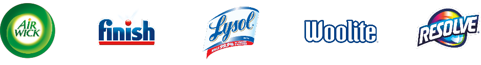 Airwick, Finish, Lysol, Woolite and Resolve brand logos